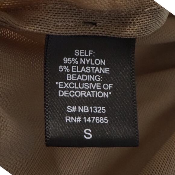 Nude Women's S Size S Bead Embellished Mesh Bodysuit Tan Elevated Basic Layering - Picture 6 of 10